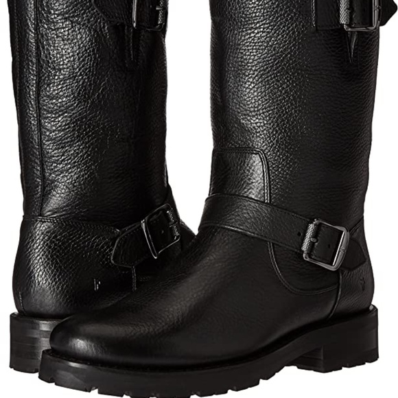 FRYE Women's Natalie Mid Lug Engineer Boot 6.5 BLACK LEATHER MOTO BIKER BOOTS - Picture 1 of 17